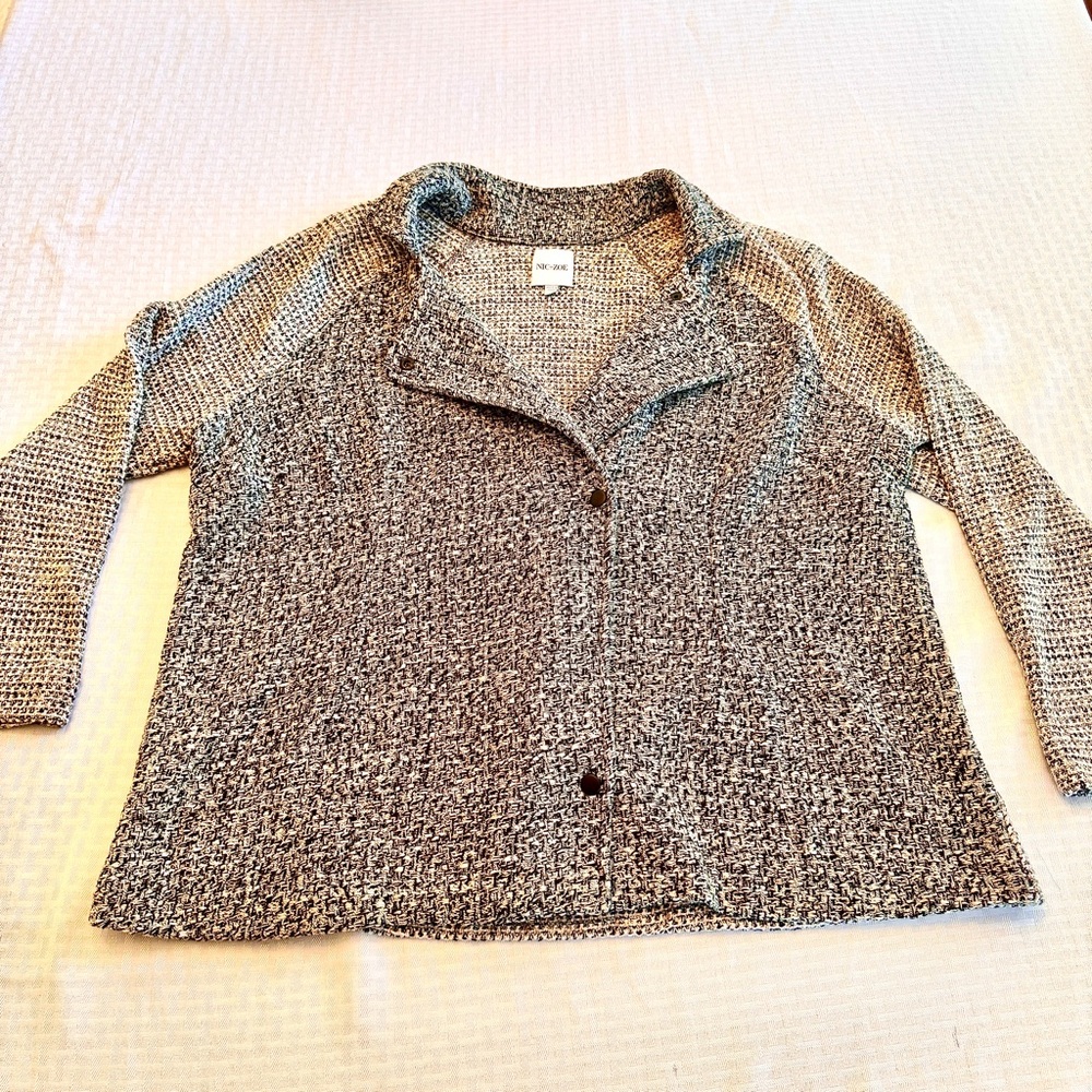 Nic+Zoe Tweed Knit Moto Jacket Cardigan Black White Plus Size 1X Professional